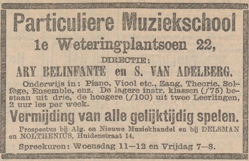 Eén van de eerste advertenties over de Particuliere Muziekschool. Bron: Het nieuws van den dag: kleine courant van 31-08-1899.  