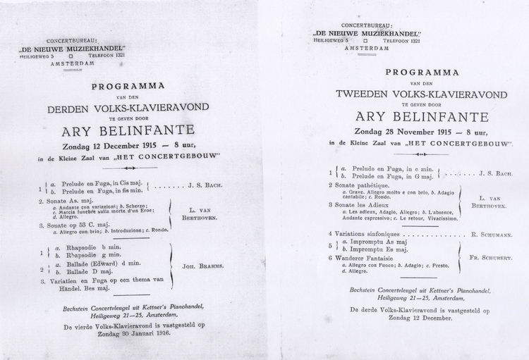 Programma’s van de Volksklavieravonden in de Kleine Zaal van het Concertgebouw (2), 1915-1916. Bron: JHM – Inv.nr. D2721  
