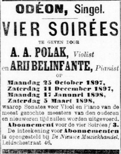 Advertentie voor de vier sonateavonden door Ary Belinfante en Alex Polak. Bron: De Telegraaf van 21-10-1897  