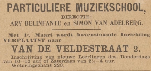 Verhuisbericht van de Particuliere Muziekschool naar de Van der Veldestraat 2. Bron: Het nieuws van den dag: kleine courant van 21-02-1904.  