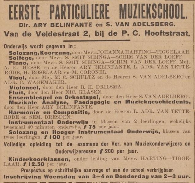 Eerste particuliere Muziekschool (Belinfante en Van Adelberg)Bron: De Joodsche kroniek, jrg 1, 1912, no 16, 14-06-1912  