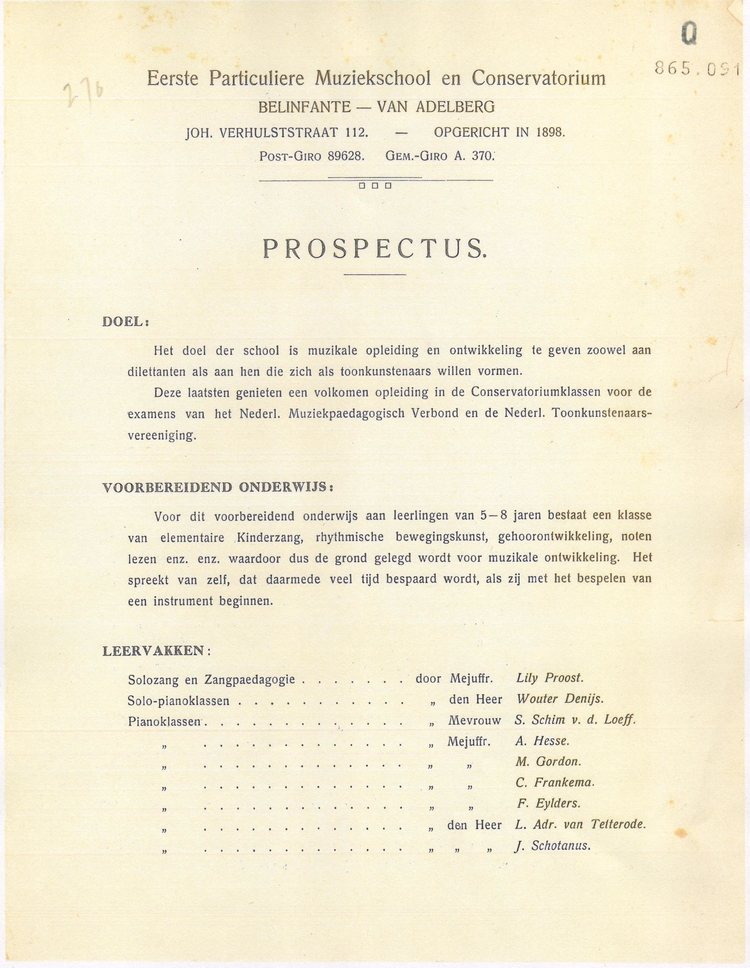 Prospectus van De Eerste Particuliere Muziekschool en Conservatorium. Datering ca. 1912 – 1920. Bron: Klein Materiaal, Q 865.091  