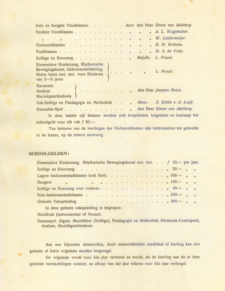 Prospectus van De Eerste Particuliere Muziekschool en Conservatorium (2). Datering ca. 1912 – 1920. Bron: Klein Materiaal, Q 865.091  