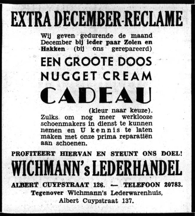 Advertentie voor Wichmann's lederhandel Cuypstraat 126, bron: Het Volk van 09-12-1932.  