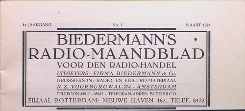 Kop uit nummer 7 van de eerste jaargang Biedermann's Radio Maandblad. Bron: IISG  