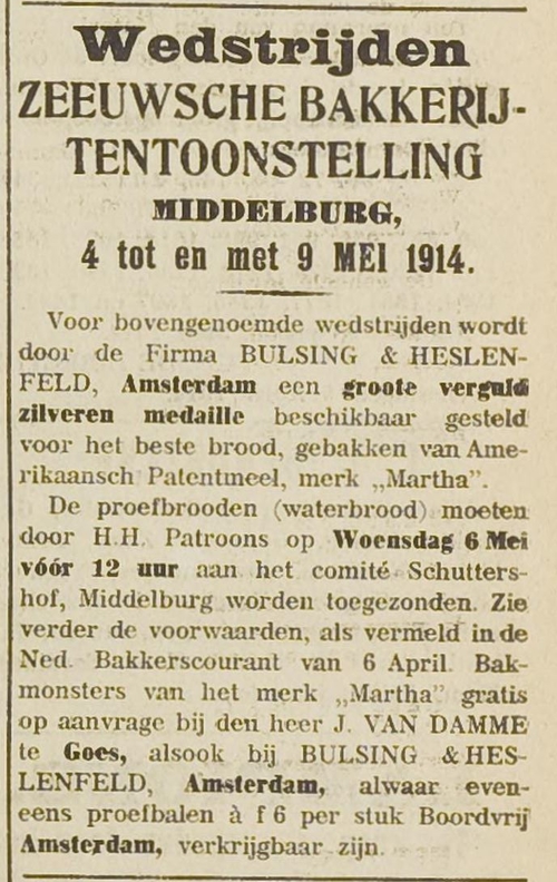 Advertentie voor de bakkerijtentoonstelling in: Middelburgsche courant van 09-04-1914  