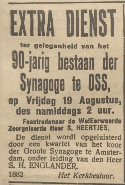 Aankondiging van een optreden van een kwartet van het Koor van de Grote Synagoge (Amsterdam) in Oss. Bron: het NIW van 12-08-1921.  