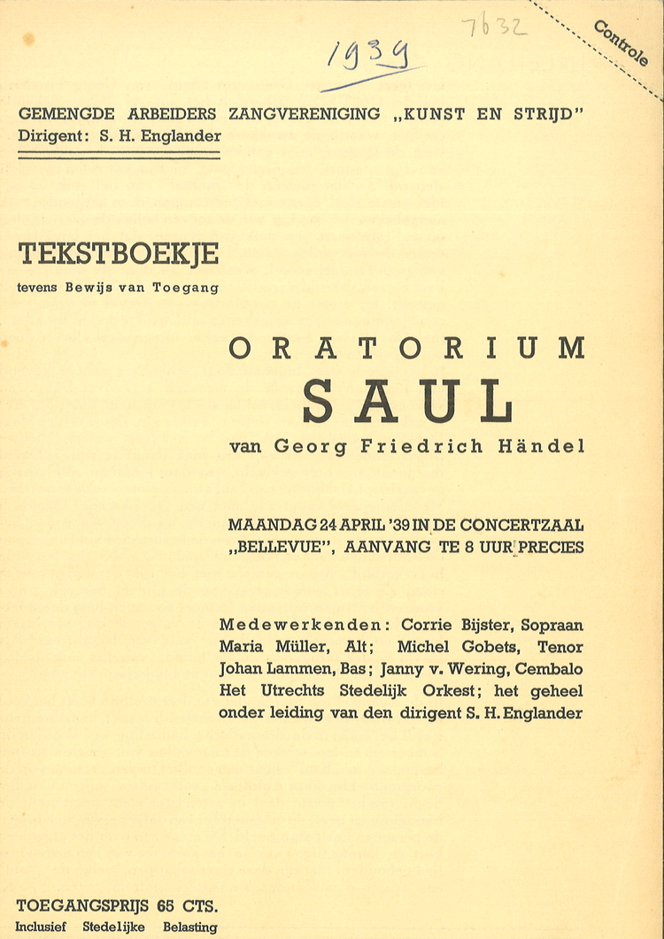 Programma van de uitvoering Saul door Kunst en Strijd, bron: JHM.  