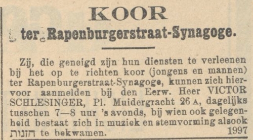 Oproep gericht aan jongens en mannen voor het op te richten koor van de Rapenburgerstraat Synagoge. Bron: het NIW van 27-08-1909  