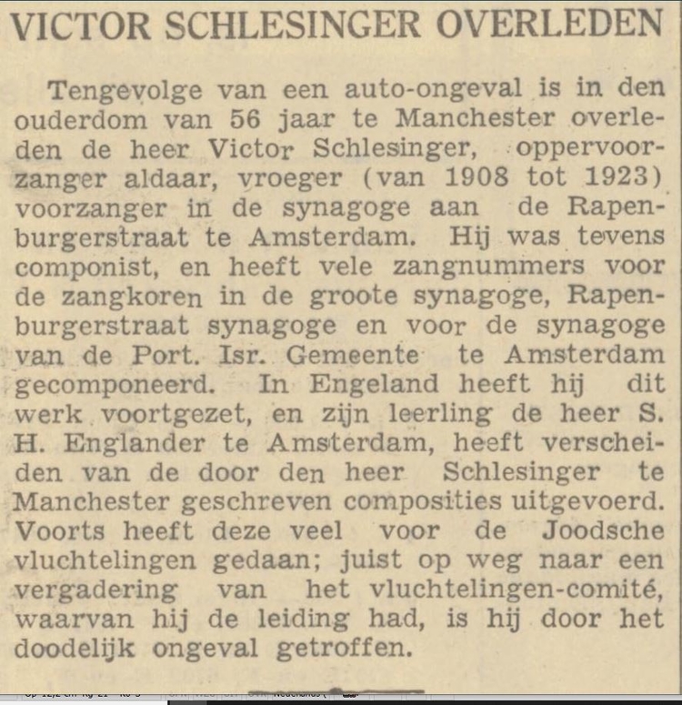 Overlijdensbericht van Victor Schlesinger in het Algemeen Handelsblad van 27-11-1939  