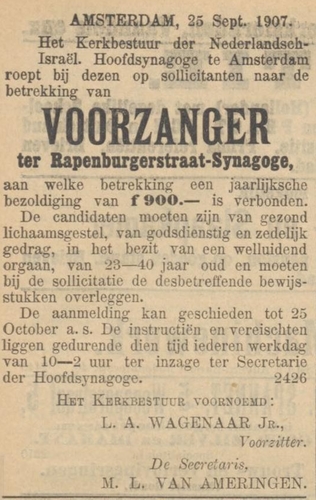 Advertentie voor de vacature van ‘Voorzanger’ in de Rapenburgerstraat-Synagoge. Bron: het NIW van 27-09-1907  