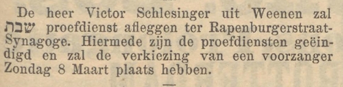 Korte mededeling dat Victor Schlesinger een proefdienst zal afleggen. Bron; het NIW van 28-02-1908.  