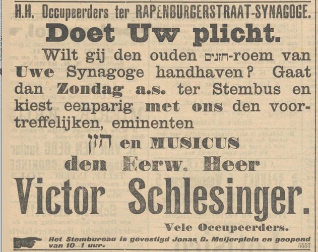 Advertentie waarin wordt opgeroepen om toch vooral maar Victor Schlesinger te kiezen. Bron: NIW van 6 maart 1908  