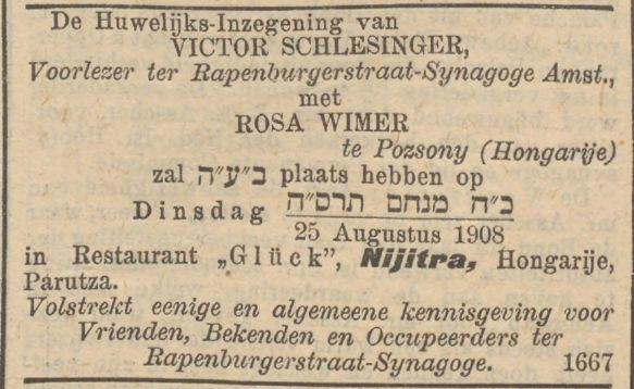 Bericht van het huwelijk van Victor Schlesinger in het NIW van 21-08-1908  