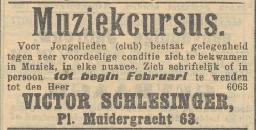 Muziekcursus ‘voor jongelieden’ door Victor Schlesinger NIW 20-01-1911  