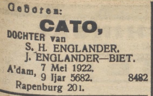 Familiebericht t.g.v. de geboorte van Cato Englander op 7 mei 1922, bron: het NIW van 12-05-1922   