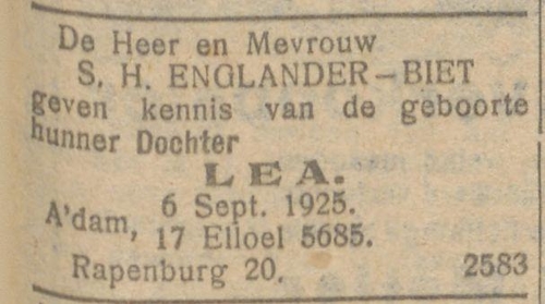 Familiebericht t.g.v. de geboorte Lea Englander op 6 september 1925, bron het NIW van 11-09-1925   