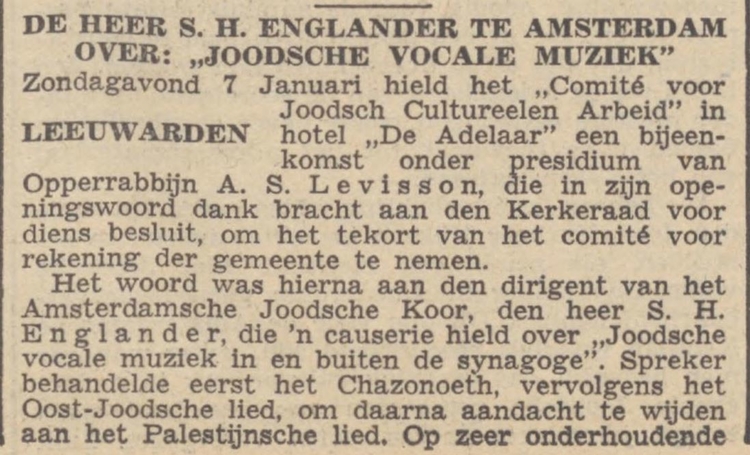 Kort verslag van de bijeenkomst te Leeuwarden met de lezing van Samuel Englander in het NIW van 12-01-1940.   