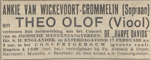 Optreden met Harpe Davids en Theo Olof in Het Concertgebouw. Bron: het NIW van 09-02-1940   