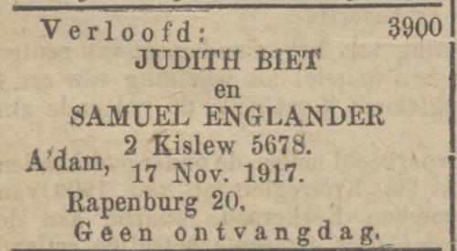 Aankondiging van de verloving van Samuel en Judith in het NIW van 23-11-1917.  