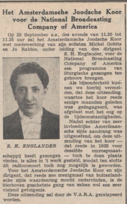 Aankondiging in het NIW 22-09-1939, het koor o.l.v. Samuel Engalander treedt op voor NBC radio.  
