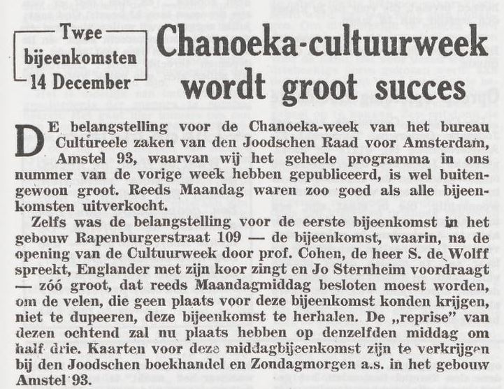 Chanoeka Cultuurweek, bron: Het Joodsche Weekblad: uitgave van den Joodschen Raad voor Amsterdam van 12-12-1941  