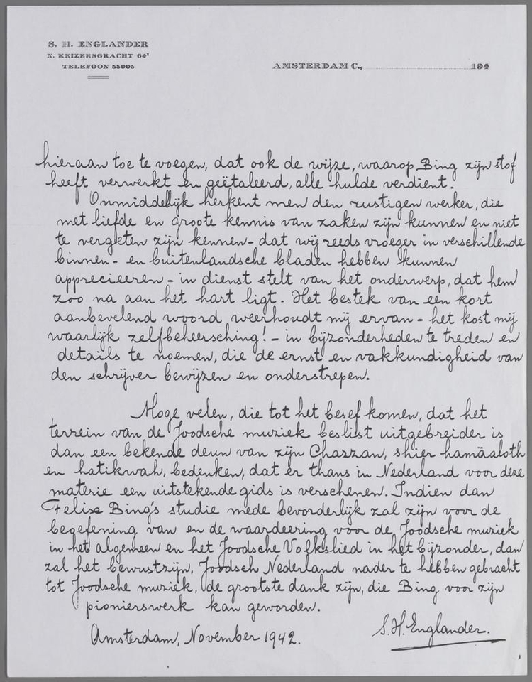 Brief in twee delen (2/2) van S.H. Englander over Felix Bing's "Het probleem der Joodsche muziek", 1942. Bron het Joods Hist. Museum, inv.nr. D001098  