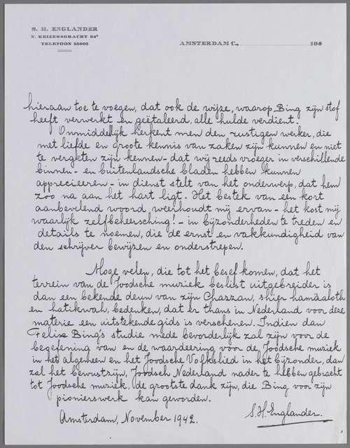 Brief in twee delen (2/2) van S.H. Englander over Felix Bing's "Het probleem der Joodsche muziek", 1942. Bron het Joods Hist. Museum, inv.nr. D001098  
