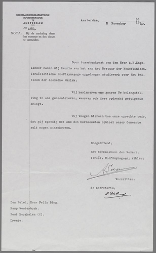 Brief van de Ned. Isr. Hoofdsynagoge aan Felix Bing. Bron: Joods Hist. Museum, inv.nr. D001098  