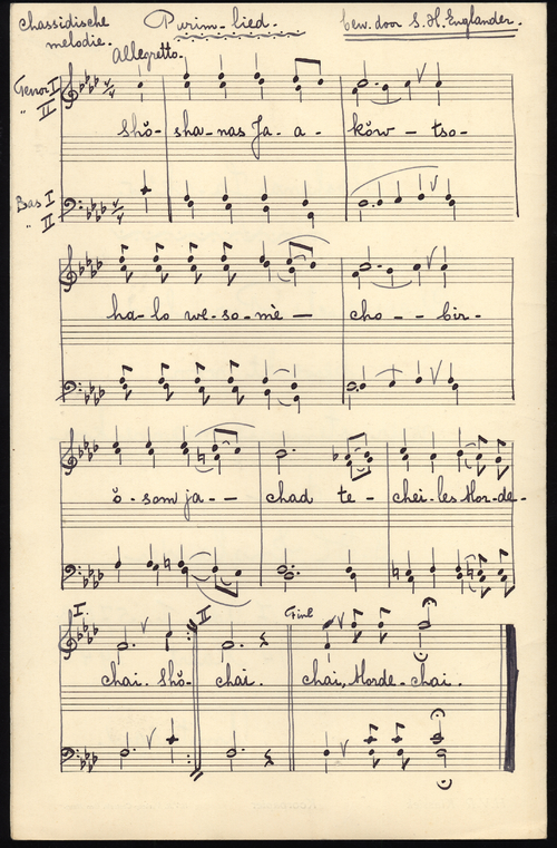Fotokopie van bladmuziek (2) van S.H. Englander van het chassidische poeriemlied "Shoshanas Ja'akow" voor vierstemmig mannenkoor, 14 maart 1943. Bron: Joods Hist. Museum.  
