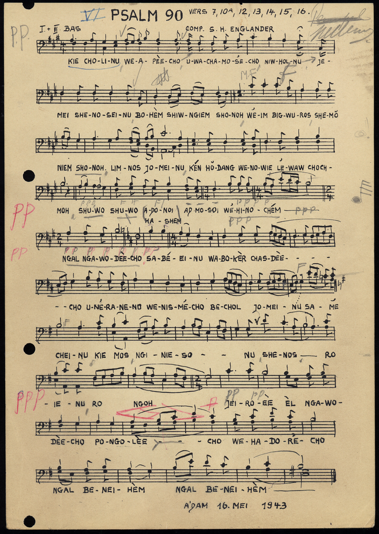 Fotokopie van bladmuziek (2) van S.H. Englander van de tenor- en baspartij van Psalm 90, 16 mei 1943. Bron: Joods Hist. Museum.  