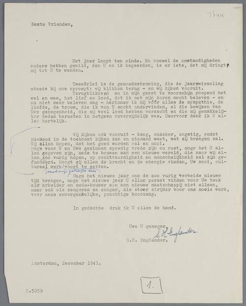 Brief van S.H. Englander aan zijn voormalige koorleden, december 1941. Bron: Joods Hist. Museum.  