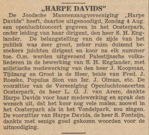 Optreden in het Oosterpark door Harpe Davids, bron: het NIW van 16-08-1940  