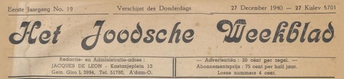 Het Joodsche Weekblad van Jacques de Leon, voorloper van het echte Joodsche Weekblad van 27-12-1940  