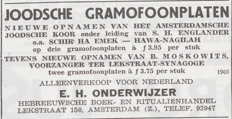 Advertentie voor nieuwe plaatopnamen. Bron: Het Joodsche Weekblad 04-07-1941  