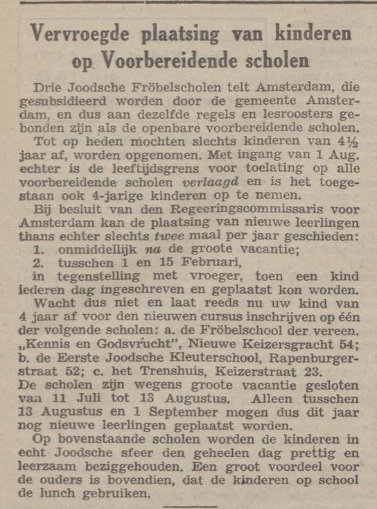 Over de Fröbelscholen. Bron: Het Joodsche weekblad; uitgave van den Joodschen Raad voor Amsterdam, jrg 1, 1941, no 13, 04-07-1941   