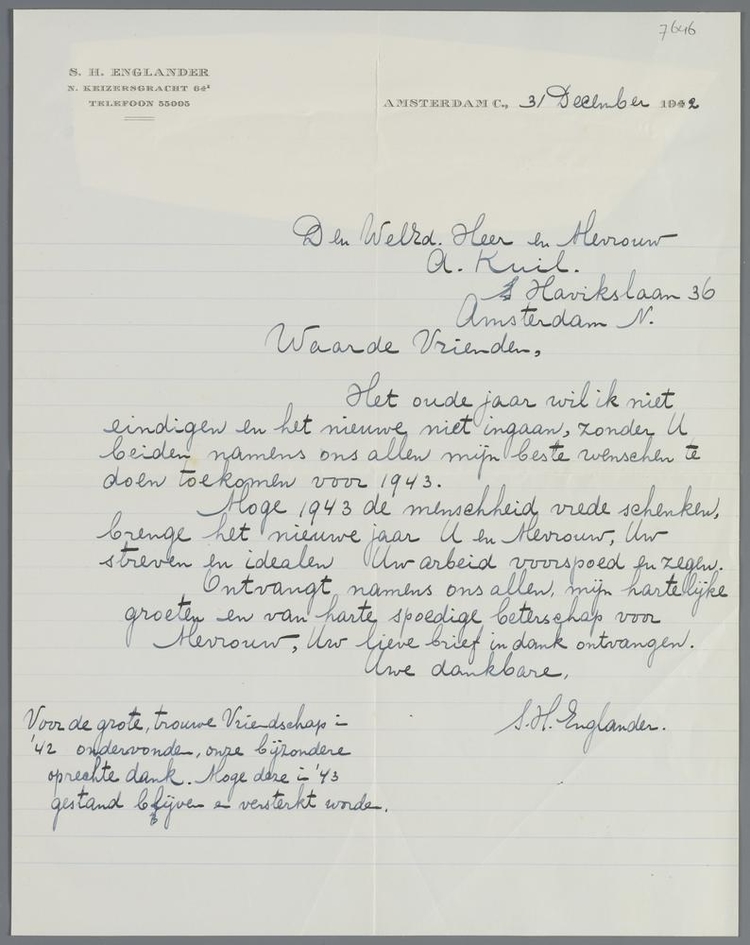 Brief van 30 december 1942 aan de heer en mevrouw Kuil. Bron: JHM – D007646.  