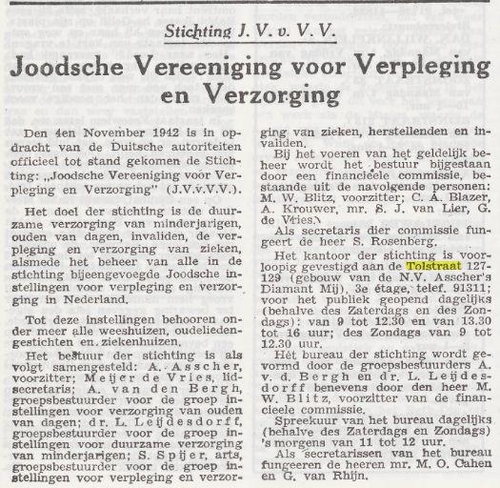 De Joodse Vereniging voor Verpleging en Verzorging. Bron: het Joodsche weekblad van 20-11-1942.  