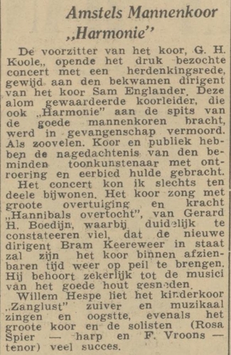 Herdenkingsconcert door Harmonie. Bron: het Algemeen Handelsblad van 12-02-1946  