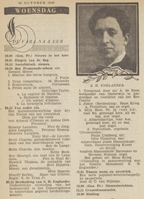 Herdenking van Samuel Englander, bron: De radiogids; officieel orgaan van de Vereeniging van Arbeiders-Radio-Amateurs (VARA), jrg 20, 1949, no 8, 22-10-1949  