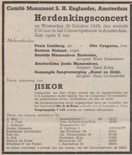 Herdenkingsconcert voor Samuel Englander in Het Concertgebouw. Bron: het NIW van 07-10-1949.  