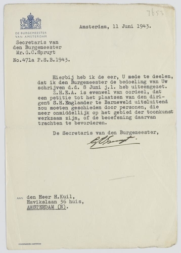 Brief aan H. Kuil m.b.t. mogelijke plaatsing van S.H. Englander op Barneveldlijst, 1943. Bron: JHM D007653  