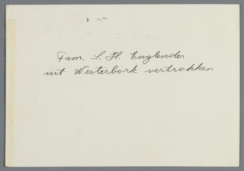 Briefkaart (achterzijde) van Benzion Moskovits aan A. Kuil met de mededeling dat familie Englander uit Westerbork is vertrokken, 1943. Bron: JHM D007654  