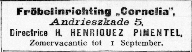 Adv voor de Fröbelinrichting Cornelia Andrieszkade 5, bron: De Telegraaf van 16-07-1904  