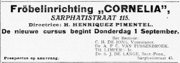 Adv voor de Fröbelinrichting Cornelia, bron: De Telegraaf van 27-08-1910  