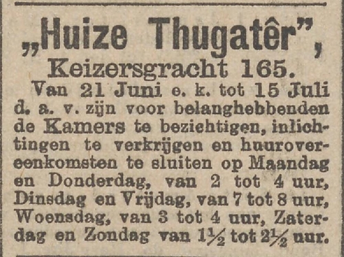 Advertentie voor Huize Thugatêr, het bezichtigen van de kamers. Bron: Het Nieuws van de dag: kleine courant van 18-06-1901  