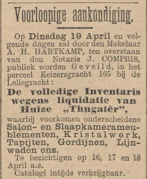 Aankondiging dat de inventaris van Huize Thugatêr wordt geveild. Bron: Het Nieuws van de dag: kleine courant van 31-03-1904  