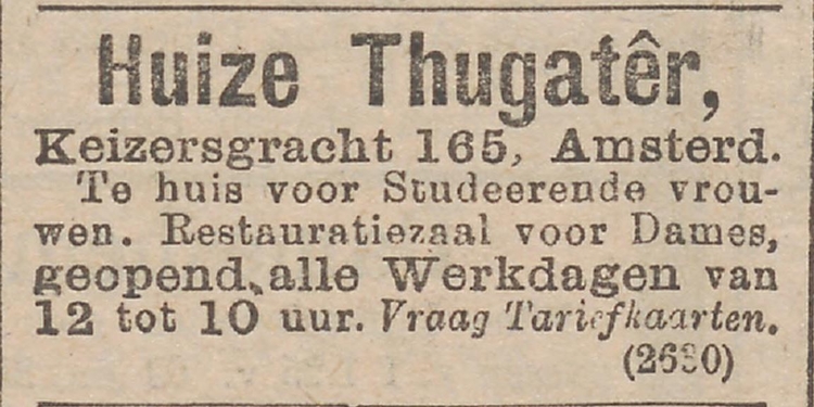 Advertentie voor Huize Thugatêr, gebruik restauratiezaal. Bron: Het Nieuws van de dag: kleine courant van 03-03-1902  