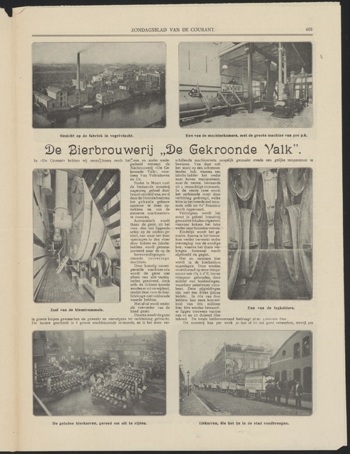 Pagina uit het zondagsblad van De Courant over de heropening van De Gekroonde Valk, datering: 21 oktober 1907.  