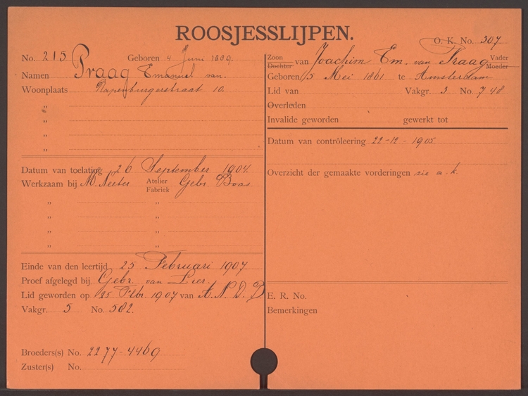 Leerlingenkaart van Emanuel van Praag, bron: IISG – ANDB archief  